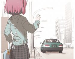  black_skirt blue_hair blue_hoodie building car commentary day facing_away failure female hand_up highres holding hood hood_down hoodie idolmaster idolmaster_cinderella_girls lamppost long_sleeves motor_vehicle multicolored_hair outdoors pink_hair plaid plaid_skirt puffy_long_sleeves puffy_sleeves railing rolling_suitcase short_hair skirt sleeves_past_wrists solo_focus suitcase taxi two-tone_hair yukie_(kusaka_shi) yumemi_riamu 