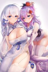  2girls absurdres azur_lane bare_shoulders blue_eyes blush breasts china_dress chinese_clothes cleavage cleavage_cutout closed_mouth clothing_cutout commentary_request dress garter_straps gradient_background hair_between_eyes hair_ornament highres illustrious_(azur_lane) illustrious_(maiden_lily&#039;s_radiance)_(azur_lane) large_breasts light_smile lims_(neko2lims) long_hair looking_at_viewer medium_breasts mole mole_under_eye multiple_girls official_alternate_costume purple_hair simple_background skindentation smile thick_thighs thighhighs thighs tied_hair unicorn_(azur_lane) unicorn_(prayer_of_plum_and_snow)_(azur_lane) white_hair 