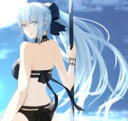  back bare_shoulders bikini black_bikini black_bow blue_eyes bow braid breasts fate/grand_order fate_(series) female grey_hair hairbow half_up_braid highres large_breasts long_hair looking_at_viewer looking_back moedredd morgan_le_fay_(fate) ponytail sidelocks solo swimsuit thighs very_long_hair 