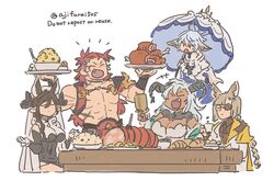  +++ 2boys 3girls :d :o animal_ears asaya_minoru bare_shoulders black_hair blue_hair boned_meat braid breasts brown_hair cleavage closed_eyes closed_mouth cup dark-skinned_female dark_skin draph drinking_glass english_text erune extra_ears fediel_(granblue_fantasy) food fork galleon_(granblue_fantasy) glasses granblue_fantasy hair_between_eyes hands_up holding holding_cup holding_tray holding_umbrella horns large_breasts long_hair lu_woh_(granblue_fantasy) meat multiple_boys multiple_girls oerba_yun_fang pectorals red_hair simple_background single_braid smile tray twitter_username umbrella very_long_hair wamdus_(granblue_fantasy) white_background white_umbrella wilnas_(granblue_fantasy) wine_glass 