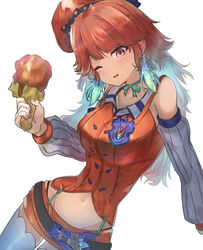  arm_warmers badge bare_shoulders belt belt_buckle beret bloom blue_hair blush breasts buckle choker collarbone collared_shirt cowboy_shot crotch detached_sleeves earrings emblem feather_earrings feathers female food hat head_tilt highres holding holding_food hololive hololive_english jewelry leaning_on_object leaning_to_the_side looking_at_viewer lowleg lowleg_skirt medium_breasts midriff_peek miniskirt multicolored_hair narrow_waist navel one_eye_closed open_mouth panty_straps purple_eyes red_hair red_shirt ribbon_choker sheiou shirt simple_background skirt smile solo takanashi_kiara takanashi_kiara_(1st_costume) taut_clothes taut_shirt thighhighs tight_clothes tight_shirt two-tone_hair virtual_youtuber wide_hips zettai_ryouiki 