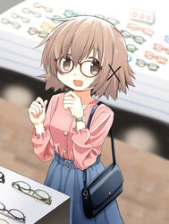  absurdres alternate_costume bad_id bad_pixiv_id bag bespectacled blue_skirt blush breasts brown_hair collarbone commentary_request female glasses hair_ornament handbag hidamari_sketch highres long_sleeves looking_at_viewer open_mouth percy_pyl shop short_hair skirt small_breasts smile solo watch wristwatch x_hair_ornament yuno_(hidamari_sketch) 