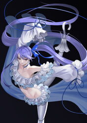  absurdly_long_hair absurdres arm_up bare_shoulders black_background blue_choker blue_eyes blue_ribbon breasts choker collarbone commentary_request earrings fate/grand_order fate_(series) female floating_hair frilled_skirt frills hair_ribbon haka_(djawnsgtlr) highres jewelry leg_up long_hair long_sleeves looking_down meltryllis_(fate) meltryllis_(swimsuit_lancer)_(fate) meltryllis_(swimsuit_lancer)_(third_ascension)_(fate) navel parted_lips photoshop_(medium) ponytail prosthesis puffy_sleeves purple_hair ribbon simple_background skirt small_breasts solo standing standing_on_one_leg straight_hair very_long_hair 