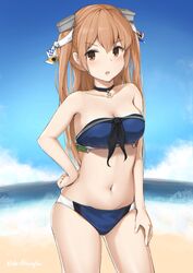  bikini black_choker blue_bikini blue_sky breasts brown_eyes choker cleavage cloud collarbone commentary_request contrapposto cowboy_shot driftkingtw female hair_between_eyes hair_ornament hand_on_own_hip horizon johnston_(kancolle) johnston_kai_(swimsuit_mode)_(kancolle) kantai_collection light_brown_hair long_hair looking_at_viewer medium_breasts navel ocean open_mouth outdoors sky solo strapless strapless_bikini swimsuit two_side_up 