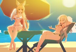  2girls aduare animal_ears beach beach_chair beach_umbrella bikini black_bikini blonde_hair cloud commentary commission copyright_request dungeon_and_fighter ellin_meiji fox_ears front-tie_bikini_top front-tie_top grey_hair holding holding_towel long_hair midriff multiple_girls navel original parasol pixel_art red_eyes side-tie_bikini_bottom sitting sun swimsuit thigh_strap towel umbrella very_long_hair white_bikini 