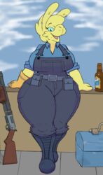  alcohol anthro beer belt beverage big_breasts blue_eyes boots breasts camelid clothing delfucko ear_piercing ear_ring engineer_(team_fortress_2) female footwear fur gloves goatonomous handwear hi_res huge_thighs lamoid leaning_on_wall llama looking_at_viewer low_wall mammal miss_b overalls pear-shaped_figure piercing ring_piercing shoes smile smiling_at_viewer solo team_fortress_2 thick_thighs third-party_edit valve weapon wide_hips yellow_body yellow_fur 