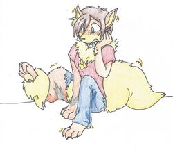  2015 arcanine blush bottomwear canid clothing colored_pencil_(artwork) ear_piercing ear_ring female generation_1_pokemon hair human jewelry mammal mid_transformation nintendo pants pawpads piercing pokemon pokemon_(species) rainbowraven ring_piercing simple_background sitting solo torn_clothing traditional_media_(artwork) transformation white_background 