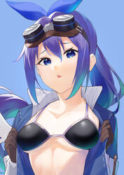  bikini black_bra blue_eyes blue_hair bra breasts female gloves hair_between_eyes hair_ornament highres large_breasts mifuyu_(mechanic)_(princess_connect!) mifuyu_(princess_connect!) open_mouth ponytail princess_connect! shimon_(31426784) simple_background solo swimsuit underwear upper_body 