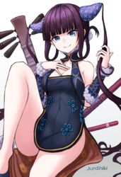  bare_shoulders black_dress blue_eyes blunt_bangs breasts china_dress chinese_clothes cleavage closed_mouth covered_navel detached_sleeves dress fate/grand_order fate_(series) female floral_print flute hair_ornament hand_on_own_chest highres holding holding_own_hair instrument junshiki knee_up long_hair looking_at_viewer medium_breasts pipa_(instrument) purple_hair sidelocks simple_background sitting smile solo thighs twintails very_long_hair white_background yang_guifei_(fate) yang_guifei_(second_ascension)_(fate) 