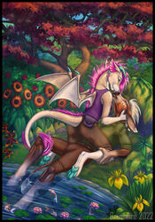  anthro asinus black_border border brushfire chelsea_(allenh13) claws clothed clothing digital_media_(artwork) digital_painting_(artwork) donkey dragon duo equid equine female fully_clothed hi_res horn leroy_(allenh13) love male male/female mammal married mythological_creature mythological_scalie mythology nature romantic romantic_couple scalie tail wings 