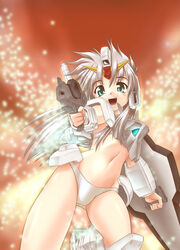  0_gundam :d beam_gun bikini blue_eyes female gn_drive groin gun gundam gundam_00 hair_between_eyes headgear holding holding_gun holding_shield holding_weapon humanization leg_up long_hair mecha_musume navel open_mouth outstretched_arm shield shinjou_satomi smile solo swimsuit teeth v-fin weapon white_bikini white_hair 