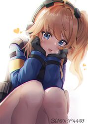  blonde_hair blue_eyes blue_jacket blush dano female girls&#039;_frontline girls&#039;_frontline_2:_exilium gloves hands_on_own_cheeks hands_on_own_face headset heart jacket long_sleeves looking_at_viewer medium_hair open_mouth side_ponytail smile solo squatting twitter_username vepley_(girls&#039;_frontline_2) white_background 