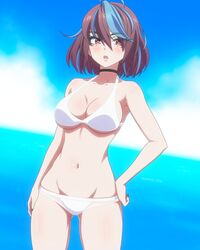  :o absurdres ahoge bare_arms bare_shoulders bikini black_choker blue_hair blush breasts brown_hair choker collarbone commentary cowboy_shot dutch_angle emikukis_(vtuber) eyes_visible_through_hair female freckles groin hair_between_eyes halterneck hand_on_own_hip highres horizon large_breasts lowleg lowleg_bikini medium_hair multicolored_hair navel ocean outdoors owozu patrick_fche red_eyes sideways_glance solo spanish_commentary stomach swimsuit toned two-tone_hair virtual_youtuber white_bikini 