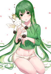  blush erinys_(fire_emblem) female fire_emblem fire_emblem:_genealogy_of_the_holy_war green_eyes green_hair green_shirt haru_(nakajou-28) highres holding long_hair looking_at_viewer midriff navel open_mouth seiza shirt simple_background sitting smile stuffed_animal stuffed_pegasus stuffed_toy very_long_hair white_background 