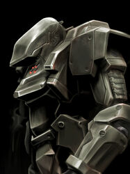  black_background close-up extra_eyes gasaraki glowing glowing_eyes highres hiwa_industry looking_down mecha military no_humans raiden_(gasaraki) red_eyes robot science_fiction solo 