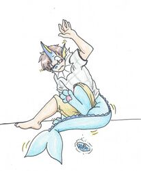  2015 blue_body colored_pencil_(artwork) eeveelution evolutionary_stone eyewear generation_1_pokemon glasses hair hi_res human male mammal mid_transformation nintendo open_mouth pokemon pokemon_(species) rainbowraven simple_background solo tail traditional_media_(artwork) transformation vaporeon water_stone white_background 