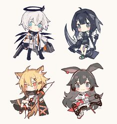  1boy 3girls ahoge animal_ear_fluff animal_ears april_(arknights) arknights bandaged_leg bandages black_footwear black_hair black_jacket black_pants blonde_hair blue_eyes blush_stickers bow_(weapon) brown_eyes chibi closed_mouth commentary english_commentary executor_(arknights) grey_background grey_eyes gun hair_between_eyes hair_intakes hair_ornament hairclip halo highres holding holding_bow_(weapon) holding_gun holding_weapon jacket la_pluma_(arknights) loafers melanbread multiple_girls notched_ear open_clothes open_jacket pants sandals shoes simple_background tail toeless_footwear vermeil_(arknights) weapon white_footwear white_hair white_jacket 