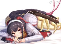  :t antennae arthropod_girl arthropod_limbs bags_under_eyes bed_sheet black_hair blush bored centipede_girl closed_mouth commentary emukae_kaede_(plan) female hairband long_hair long_sleeves looking_at_viewer lying monster_girl motion_lines multicolored_hair multiple_legs on_stomach original plan_(planhaplalan) red_eyes red_hair ribbed_sweater sidelocks solo sweater tail tail_wagging two-tone_hair white_hairband white_sweater 