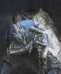  1boy armor artorias_the_abysswalker cape dark_souls_(series) dark_souls_i full_armor fur gauntlets great_grey_wolf_sif grey_fur guri_otoko helm helmet highres knight male_focus torn_cape torn_clothes wolf 