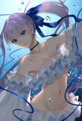  air_bubble bare_shoulders blue_bow blue_choker blue_eyes blunt_bangs bow breasts bubble choker cleavage closed_mouth collarbone commentary_request earrings fate/grand_order fate_(series) female frilled_skirt frills groin hairbow jewelry long_eyelashes long_hair long_sleeves looking_at_viewer meltryllis_(fate) meltryllis_(swimsuit_lancer)_(fate) meltryllis_(swimsuit_lancer)_(third_ascension)_(fate) midriff navel nyaon_oekaki one-piece_swimsuit ponytail puffy_sleeves purple_hair skirt smile solo strapless strapless_one-piece_swimsuit swimsuit underwater upper_body 