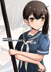  artist_name blue_sailor_collar blue_serafuku brown_eyes brown_hair commentary_request dated female kaga_(kancolle) kagutsuchi_(victoragna) kantai_collection long_hair looking_to_the_side name_tag sailor_collar school_uniform serafuku side_ponytail solo upper_body zoom_layer 