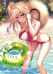  aqua_eyes ass bare_shoulders beach bikini blonde_hair blurry blurry_background bracelet breasts cleavage comic_exe day depth_of_field female hair_ornament halterneck hand_on_own_knee hat hat_on_back highres innertube jewelry large_breasts leaning_forward long_hair looking_at_viewer non-web_source o-ring o-ring_bikini o-ring_bottom o-ring_top outdoors parted_lips piromizu red_bikini side_ponytail sidelocks smile solo straw_hat sun_hat swim_ring swimsuit tucking_hair wading water wet 