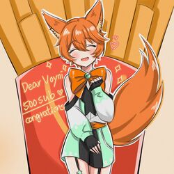  1boy androgynous animal_ears belt blush closed_eyes congratulations fangs fox_boy fox_ears fox_tail garter_straps idconnect+ long_sleeves male_focus mameru21 orange_hair pale_skin short_shorts shorts smile tail thighhighs virtual_youtuber voyni_fox 