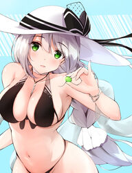  aquila_(a_sip_of_sardegnian_elegance)_(azur_lane) aquila_(azur_lane) armpits azur_lane bare_shoulders bikini black_bikini black_ribbon breasts center_opening cleavage commentary female food fruit grapes green_eyes grey_hair hair_ribbon hat highleg highleg_bikini highres holding holding_food large_breasts long_hair looking_at_viewer official_alternate_costume ribbon ryou_(ryo_217cafe) see-through solo sun_hat swimsuit very_long_hair white_hat 