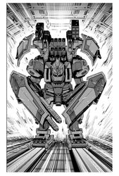  chain_gun full_armor_gundam greyscale gundam gundam_thunderbolt highres leaning_forward mecha missile_pod mobile_suit monochrome no_humans official_art ohtagaki_yasuo robot science_fiction shield solo v-fin 