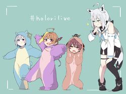  4girls absurdres aged_down ahoge amane_kanata amane_kanata_(work) angel animal_costume animal_ear_fluff animal_ears aqua_background bare_shoulders black_footwear black_hairband black_shorts black_thighhighs blonde_hair blue_eyes blue_hair blue_neckerchief blush boots bow closed_mouth colored_inner_hair commentary crossed_bangs detached_sleeves diagonal-striped_bow diagonal_stripes donkoni dragon_costume dragon_girl dragon_horns dragon_tail ear_piercing earrings fox_ears fox_girl fox_tail full_body grey_hair hair_between_eyes hair_ornament hair_ribbon hairband hairclip halo hashtag hat heterochromia highres hololive hood hood_down hood_up horn_bow horn_ornament horns houshou_marine jewelry kiryu_coco kiryu_coco_(dragon_onesie) lolicon long_hair long_sleeves looking_at_another looking_at_viewer mini_hat multicolored_hair multiple_girls neckerchief oerba_yun_fang official_alternate_costume onesie open_mouth orange_hair outstretched_arms pajamas pentagram piercing pink_hair pirate_hat pointy_ears red_eyes red_hair red_ribbon ribbon ribbon-trimmed_sleeves ribbon_trim shirakami_fubuki shirakami_fubuki_(1st_costume) short_hair shorts sidelocks simple_background single_earring single_thighhigh smile standing standing_on_one_leg star_halo streaked_hair striped striped_bow tail thigh_strap thighhighs virtual_youtuber white_hair white_sleeves yellow_eyes 