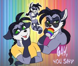  black_hair eyewear green_eyes hair kylar_mclaughlin lgbt_pride long_hair male mammal meme phuufy procyonid raccoon six-stripe_rainbow_pride_colors smug solo sunglasses uberquest 