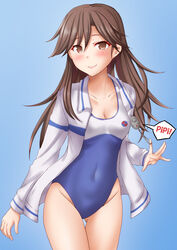  alternate_costume anti_(untea9) arashio_(kancolle) ass_visible_through_thighs blue_background blush breasts brown_eyes brown_hair cleavage closed_mouth collarbone commission competition_school_swimsuit cord_pull covered_navel cowboy_shot crime_prevention_buzzer female gradient_background groin hair_between_eyes high_school_fleet highres jacket kantai_collection lips long_hair long_sleeves one-piece_swimsuit open_clothes open_jacket school_swimsuit small_breasts smile solo sound_effects swimsuit two-tone_swimsuit white_jacket yokosuka_girls_marine_high_school_swimsuit 