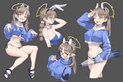  ;d absurdres alternate_costume animal_ears bikini bikini_bottom_only black_bikini blue_archive blue_leotard blue_sweater braid breasts brown_eyes brown_hair cleavage cropped_sweater fake_animal_ears female flowers-imh grey_background halo highres inflatable_torpedo inflatable_toy large_breasts leotard moe_(blue_archive) moe_(swimsuit)_(blue_archive) multiple_views navel official_alternate_costume one_eye_closed playboy_bunny rabbit_ears round_eyewear side-tie_bikini_bottom sideboob smile stomach strapless strapless_leotard sweater swimsuit twintails unworn_eyewear 