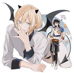  2boys black_hair blonde_hair blue_background blue_eyes cloud demon_boy demon_horns demon_tail demon_wings eichi_turnr ensemble_stars! facing_viewer highres horns looking_at_another male_focus multiple_boys open_mouth parted_lips red_eyes sakuma_rei_(ensemble_stars!) smile tail tenshouin_eichi umbrella white_background wings 