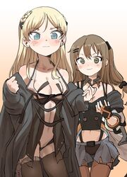  2girls black_gloves black_legwear black_panties blonde_hair blue_eyes blush braid breasts brown_eyes brown_hair chan_seong collarbone commentary_request detached_collar fingerless_gloves girls&#039;_frontline gloves gradient_background hair_between_eyes hair_ornament hairclip highres k2_(girls&#039;_frontline) k5_(girls&#039;_frontline) korean_commentary long_hair looking_at_viewer multiple_girls navel off_shoulder panties showgirl_skirt smile thighhighs underwear 