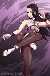  barefoot black_hair breasts chinese_clothes dress earrings eunnieverse female fighting_stance flower hair_flower hair_ornament highres jewelry large_breasts lipstick long_hair luong makeup mole mole_under_eye pantyhose purple_eyes solo the_king_of_fighters the_king_of_fighters_xv 