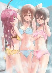  3girls abs arachangram18 armpits arms_up ass bikini blue_bikini blush breasts brown_hair cleavage frilled_bikini frills highres idolmaster idolmaster_cinderella_girls long_hair looking_at_another looking_at_viewer medium_breasts mizumoto_yukari multiple_girls nakano_yuka navel o-ring o-ring_bikini outdoors pink_bikini red_eyes same-sex_bathing shared_bathing shared_shower shiina_noriko shower_(place) showering side-tie_bikini_bottom steam stomach straight_hair swimsuit underboob very_long_hair wet wet_hair yellow_bikini 