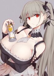  arm_under_breasts azur_lane bare_shoulders between_breasts black_dress blush breasts bridal_gauntlets cleavage collarbone commentary_request detached_collar dress earrings female formidable_(azur_lane) frilled_dress frills grey_background grey_hair hair_ribbon highres holding_hourglass hourglass jewelry large_breasts long_hair looking_at_viewer maid marshall_k partial_commentary red_eyes ribbon simple_background solo twintails two-tone_dress two-tone_ribbon very_long_hair 