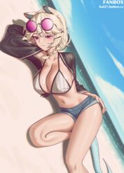  animal_ears arknights beach bikini blonde_hair blue_sky braid breasts cloud commentary_request day denim denim_shorts eyewear_on_head female foot_out_of_frame grey_bikini highres large_breasts lying navel oerba_yun_fang on_side open_clothes purple_eyes short_hair short_shorts shorts siguya skin_fang sky snake_tail solo stomach striped_bikini striped_clothes sunglasses swimsuit tail thighs utage_(arknights) utage_(summer_flowers)_(arknights) 