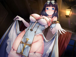  :o between_breasts black_hair blue_dress blue_eyes blunt_bangs blush bow breasts cleavage clothes_lift cross_print curtains detached_collar dress dress_lift dutch_angle elbow_gloves female garter_straps gloves hairbow hanging_lantern highres indoors kai_(ootamuno12) lace-trimmed_legwear lace_trim large_breasts looking_at_viewer looking_down original pelvic_curtain solo thighhighs two-tone_dress white_bow white_dress white_gloves white_thighhighs window wooden_ceiling 