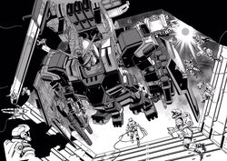  6+others chain_gun floating full_armor_gundam greyscale gundam gundam_thunderbolt highres mecha missile_pod mobile_suit monochrome multiple_others official_art ohtagaki_yasuo robot science_fiction shoulder_cannon solo_focus spacesuit v-fin zero_gravity 