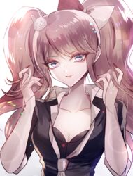  black_bra black_shirt blonde_hair blue_eyes bow bra breasts cleavage closed_mouth collarbone cosplay danganronpa:_trigger_happy_havoc danganronpa_(series) enoshima_junko enoshima_junko_(cosplay) fake_nails female freckles hair_between_eyes hair_ornament hairbow ikusaba_mukuro long_hair looking_at_viewer nail_polish necktie open_clothes open_shirt rabbit_hair_ornament red_bow red_nails shirt sleeves_rolled_up small_breasts smile solo spoilers twintails twitter_username two-tone_bow underwear upper_body very_long_hair white_bow yellow_necktie z-epto_(chat-noir86) 