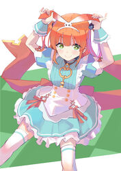  &gt;_&lt; animal_ears apron arms_up back_bow bad_hands blush bow buttons double-breasted dress fake_animal_ears female frilled_apron frilled_dress frills green_dress green_eyes hair_between_eyes hair_ornament hairband highres jewelry key key_necklace looking_at_viewer necklace orange_hair pinky_out princess_connect! puffy_sleeves rabbit_ears red_ribbon ribbon rino_(princess_connect!) rino_(wonderland)_(princess_connect!) shimon_(31426784) short_hair skirt smile solo thighhighs white_background white_thighhighs wrist_cuffs 