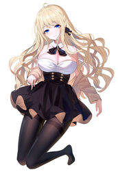  ahoge black_bow black_pantyhose black_skirt blonde_hair blue_eyes bow braid breasts brown_jacket cleavage closed_mouth collar commentary_request detached_collar female full_body hair_between_eyes highres jacket long_hair long_sleeves looking_at_viewer medium_breasts no_shoes off_shoulder open_clothes open_jacket original pantyhose ririko_(zhuoyandesailaer) saegusa_futaba simple_background skirt sleeves_past_wrists smile solo thighband_pantyhose very_long_hair white_background white_collar wing_collar 