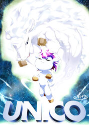  2011 alicorn closed_eyes digital_drawing_(artwork) digital_media_(artwork) english_text equid equine feral floating glistening glistening_horn glowing glowing_horn hair hi_res hooves horn lolicon male mammal mane mythological_creature mythological_equine mythology ofuro osamu_tezuka pink_hair pink_mane sanrio signature solo star text unico unico_(series) unicorn white_body white_mane wings young young_feral young_male 