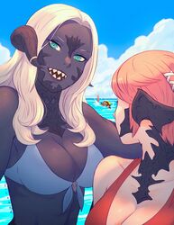  1boy 2girls asphyxiation au_ra bikini black_horns black_skin blonde_hair blue_eyes blurry blurry_background breasts cirina_mol cleavage cloud colored_skin day dragon_boy dragon_girl dragon_horns dragon_tail drowning final_fantasy final_fantasy_xiv front-tie_bikini_top front-tie_top head_tilt highres horn_ornament horn_ring horns koyorin long_hair looking_at_another looking_at_viewer looking_back magnai_oronir medium_breasts multiple_girls open_mouth outdoors red_bikini red_hair sadu_dotharl scales sharp_teeth short_hair smile swimsuit tail teeth water white_bikini white_hair 