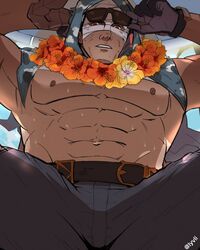  1boy abs bandaged_head bandages bara belt black_belt black_gloves black_male_swimwear draph flower flower_necklace gloves granblue_fantasy horns large_pectorals lyvli male_focus male_swimwear muscular muscular_male navel nipples official_alternate_costume orange_flower pectorals solo strongman_waist sunglasses twitter_username vaseraga vaseraga_(summer)_(granblue_fantasy) 