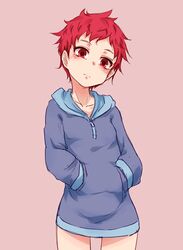  blush breasts closed_mouth collarbone commentary female hands_in_pocket head_tilt highres hood hoodie hourai_kochou kumatora light_blush looking_at_viewer mother_(game) mother_3 no_pants pink_background pink_hair red_eyes red_hair short_hair simple_background small_breasts solo 