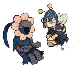  1boy armor artorias_the_abysswalker bee_costume cape chibi dark_souls_(series) dark_souls_i donar0217 female flower_costume honey insect_wings korean_commentary lord&#039;s_blade_ciaran mask petals torn_cape torn_clothes wings 