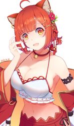  :d ahoge animal_ears armlet bare_shoulders blush breasts camisole cleavage collarbone cowboy_shot dated ear_piercing female flower hair_flower hair_ornament hairclip halterneck highres large_breasts midriff navel neyubi nijisanji oerba_yun_fang off_shoulder open_mouth orange_eyes orange_hair piercing raised_eyebrows ratna_petit ratna_petit_(2nd_costume) red_hair red_panda_ears red_panda_girl side_slit sideboob simple_background skindentation skirt smile solo spaghetti_strap virtual_youtuber white_background x_hair_ornament 